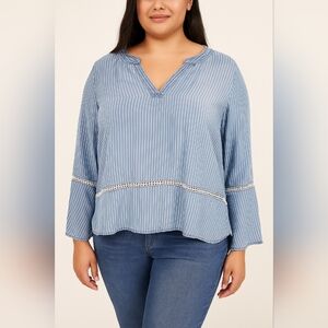 Blue White Striped Chambray Tunic Blouse 100% Lyocell Crochet Trim Size XXL